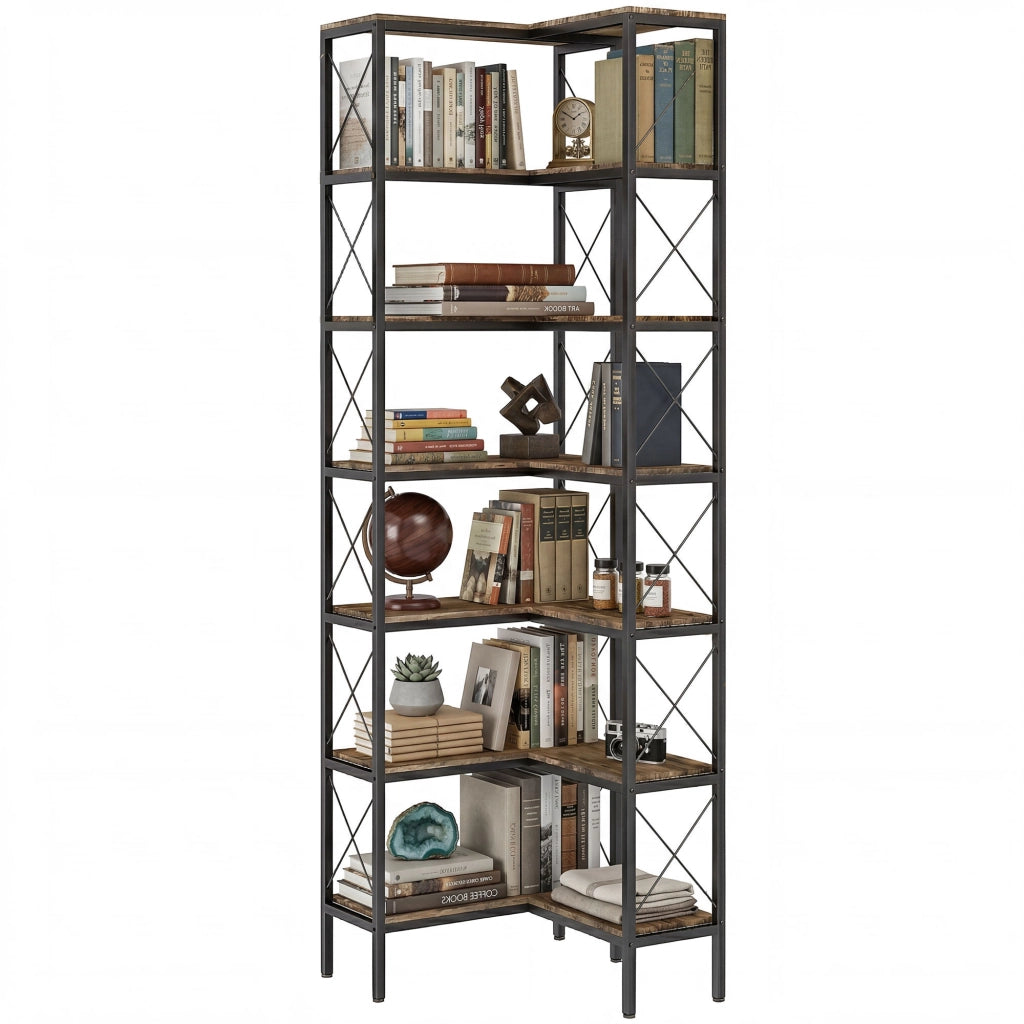Libreria d'angolo a 6 livelli in metallo ¨C Minimal ¨C 60x60x200 cm marrone rustico