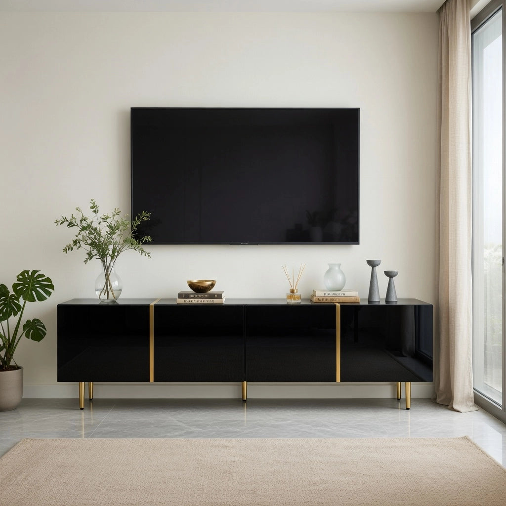 Cassettiera per TV nera lucida in MDF lunghezza 170 cm