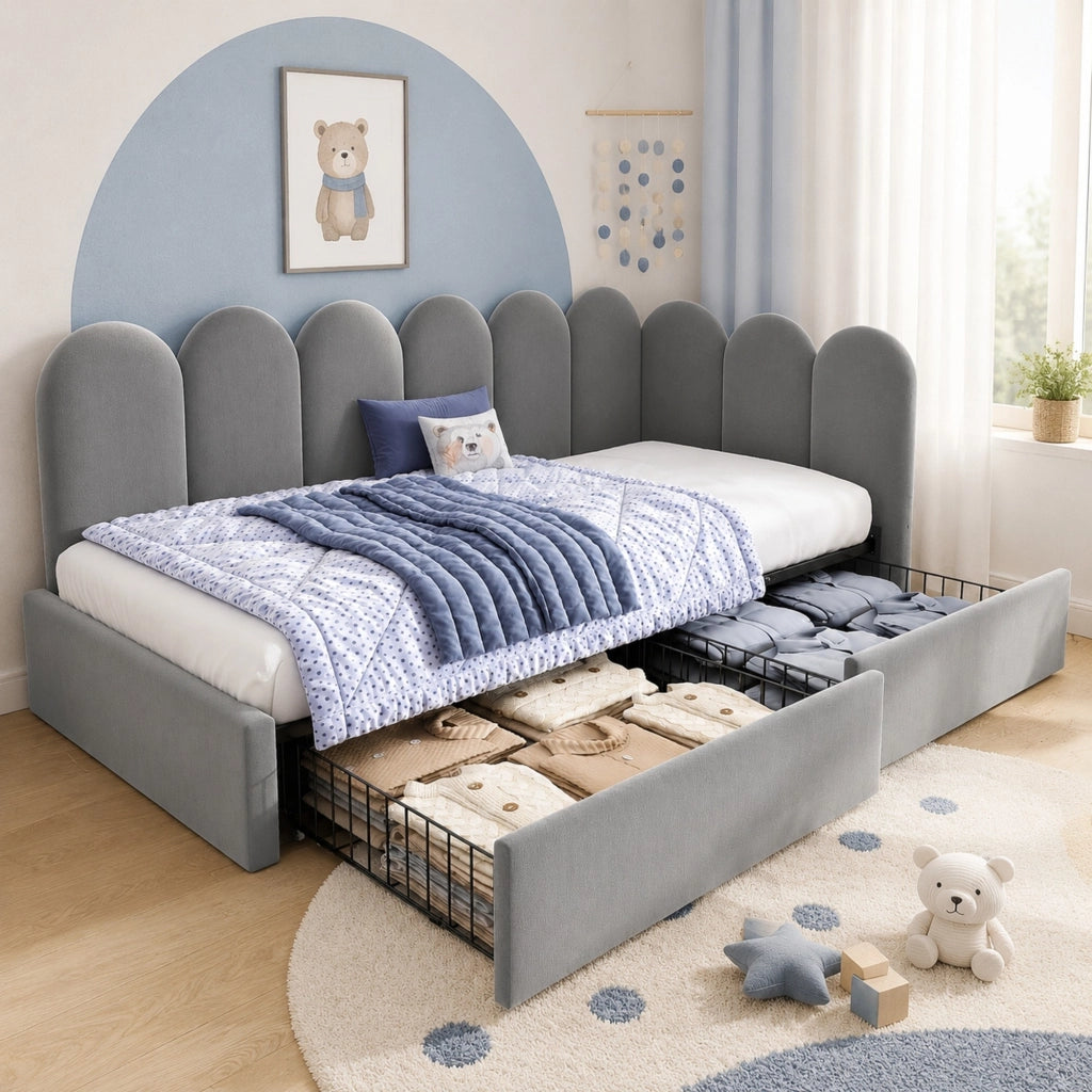 LETTO Divano 90x200 cm in velluto grigio con 2 cassetti
