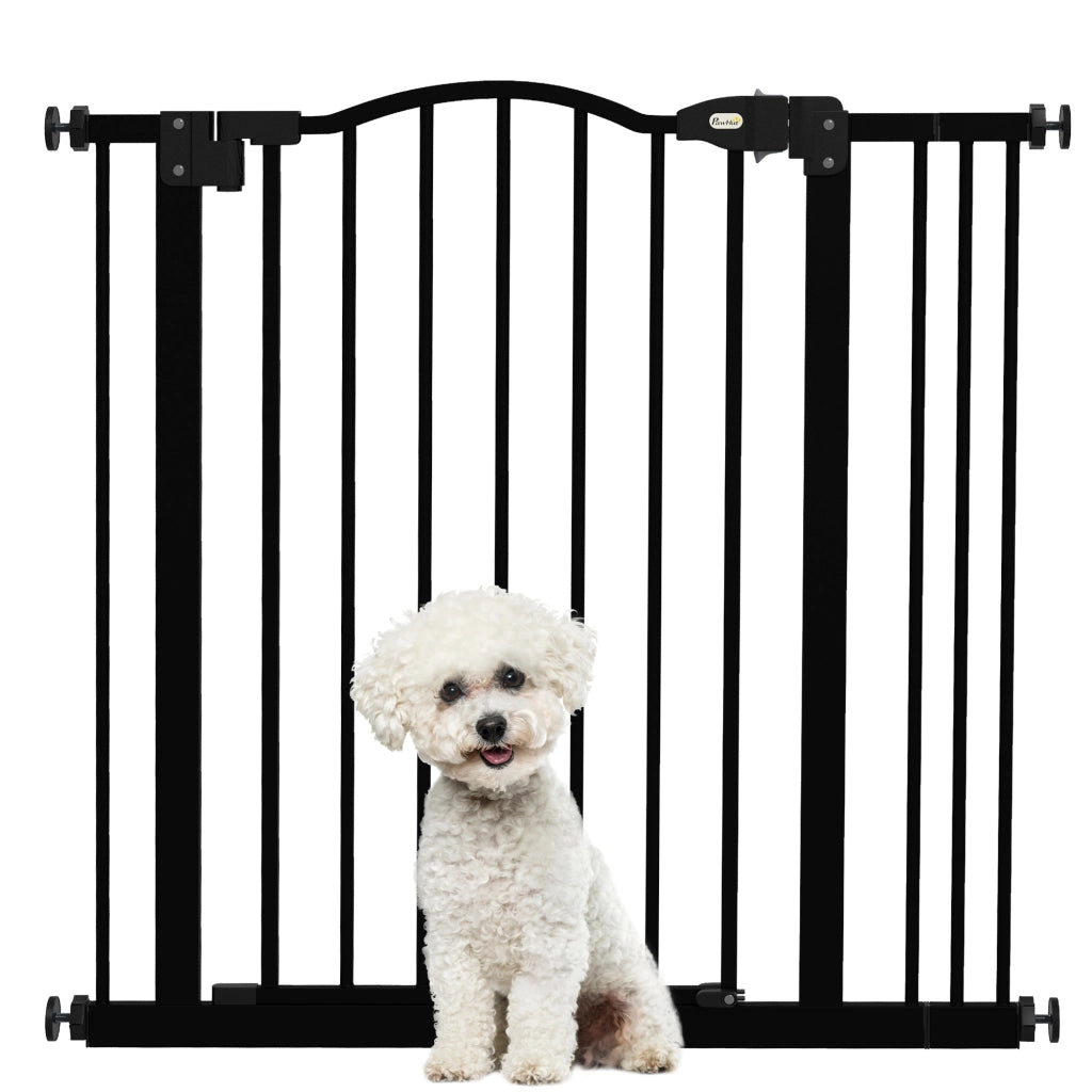 Cancelletto per Cani Estensibile con 2 Blocchi e Chiusura Automatica, in Metallo e Plastica, 74-87x78 cm, Nero