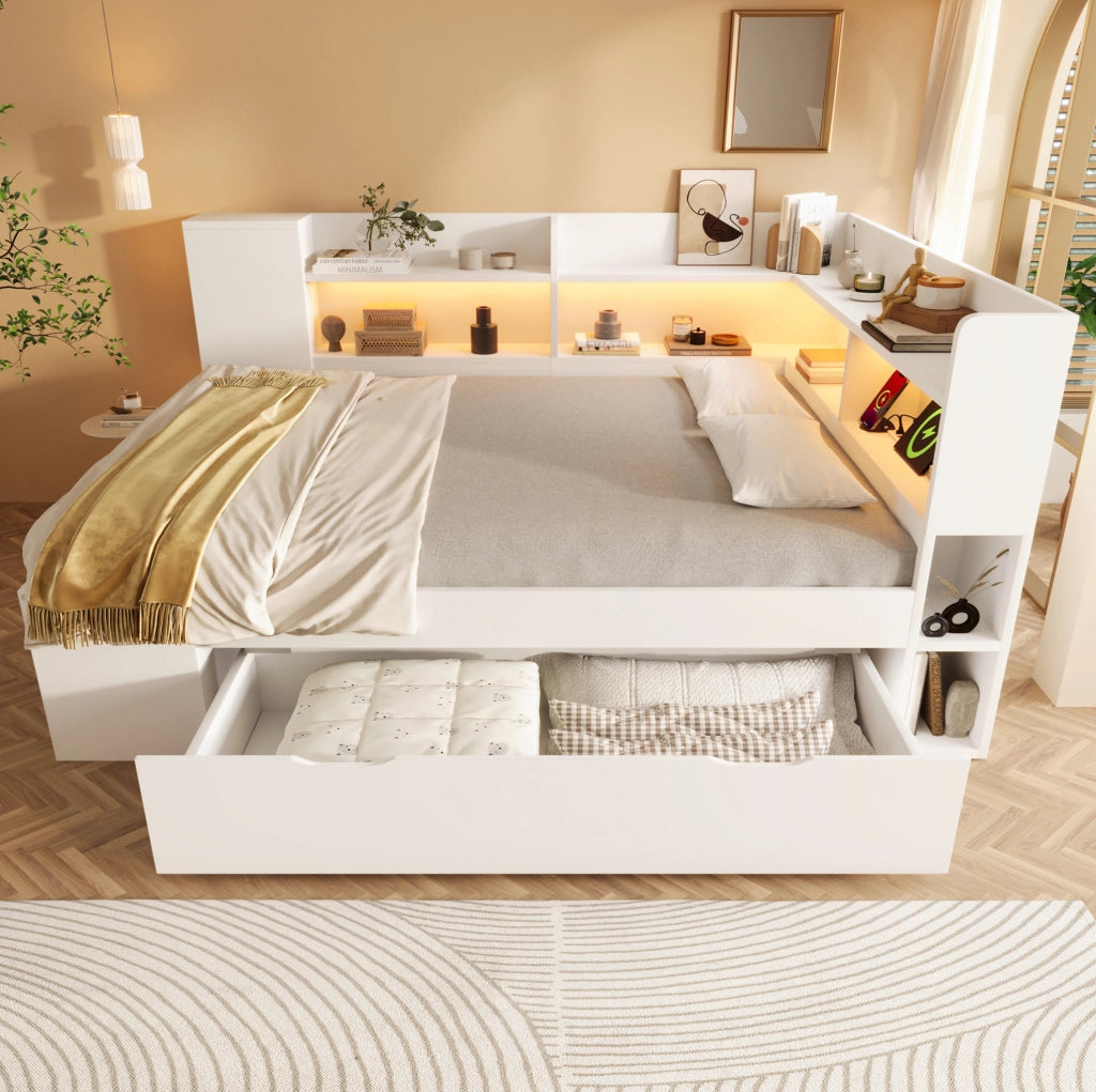 Letto a giorno 140x200 cm con LED; USB e Type-C; bianco; con ripiani e cassetti