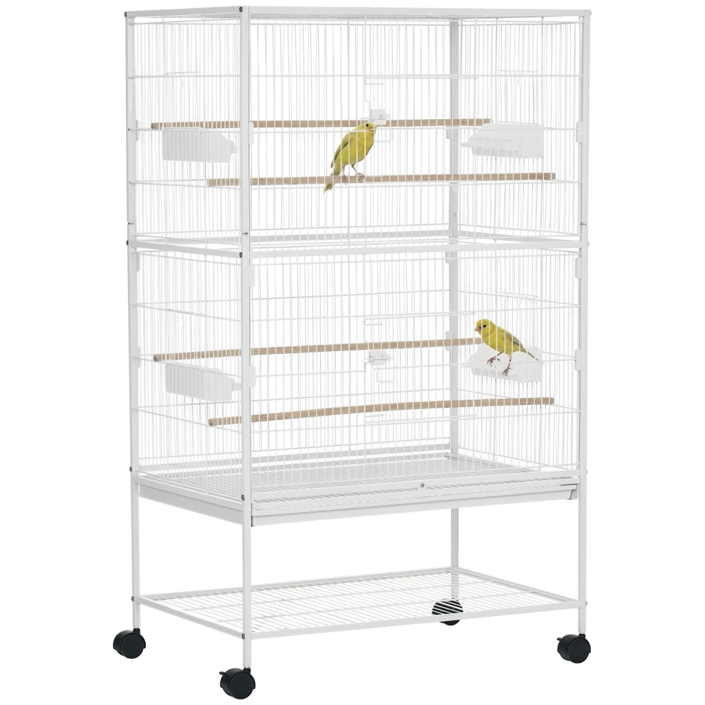Gabbia per Uccelli da Interni con Vassoio Estraibile, 4 Ruote e Trespolo, 78x52x132 cm, Bianco