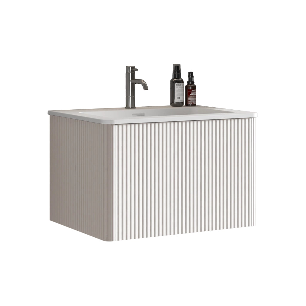 Mobile bagno sospeso 60 cm con lavabo Solid Surface, rilievo fluted, bianco