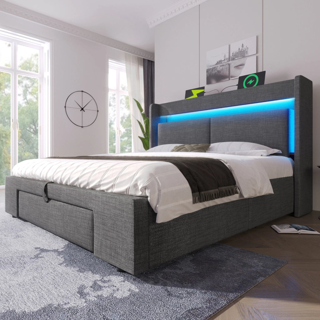 LETTO Contenitore 160x200 cm con testiera LED e porte USB, grigio