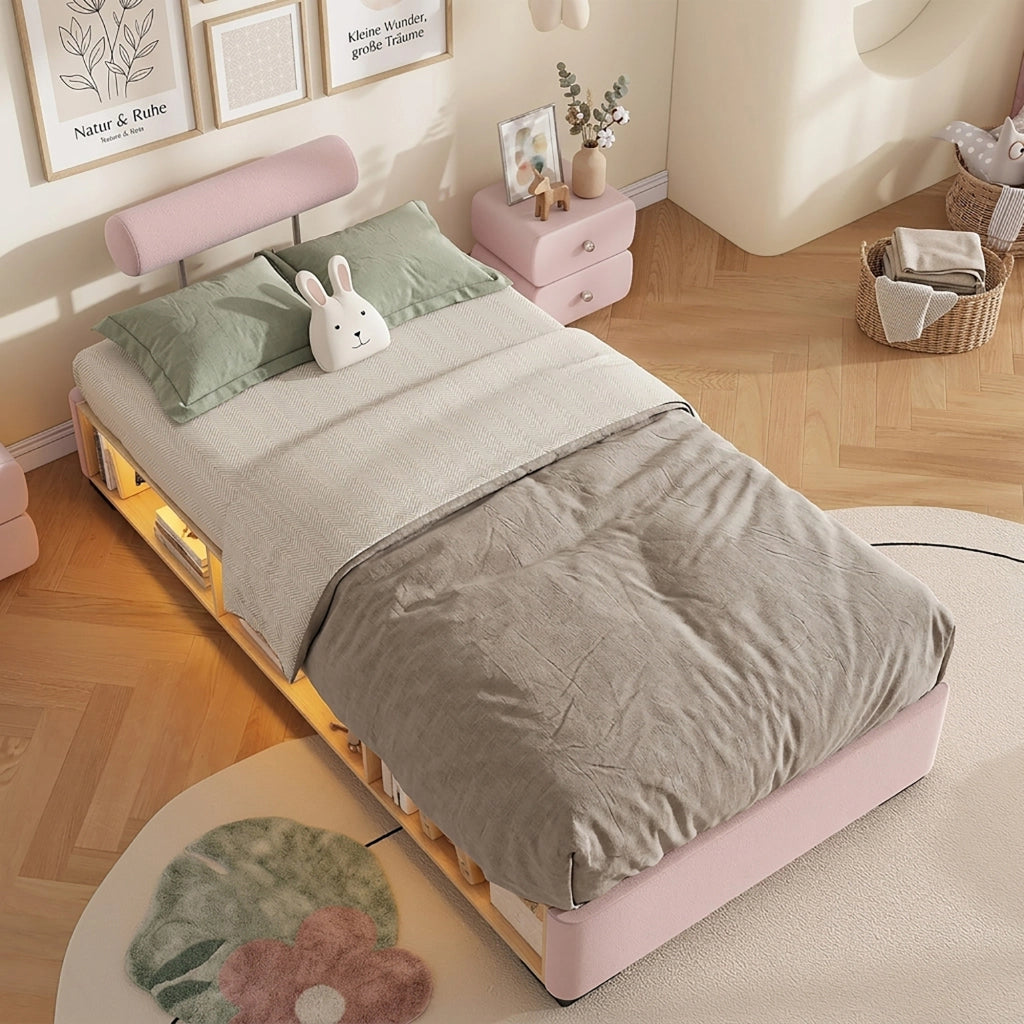 LETTO imbottito Rosa 90x200 cm in velluto con ripiano laterale LED