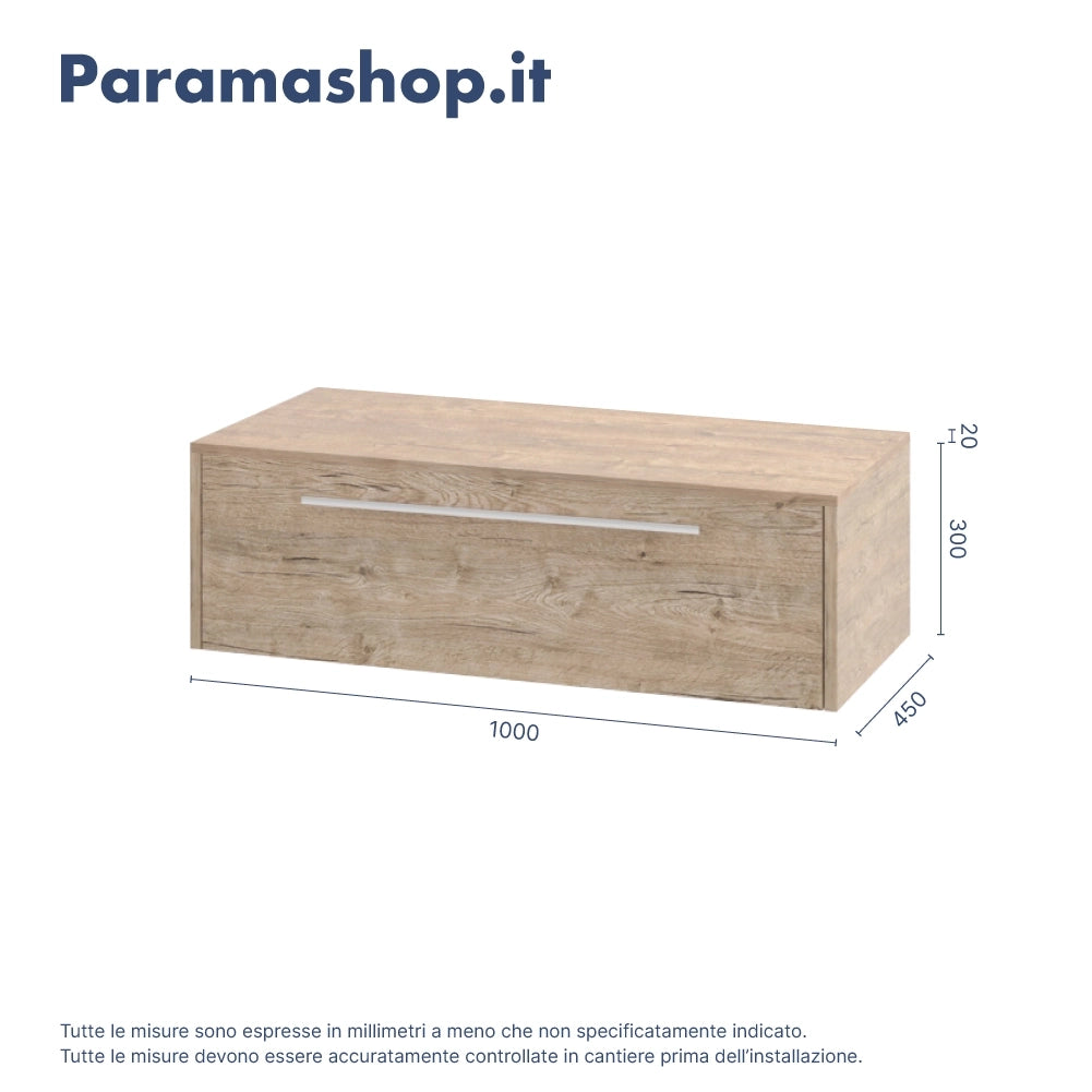 Mobile bagno sospeso modulare 100cm due cassetti rovere naturale con top e specchio | Aoki