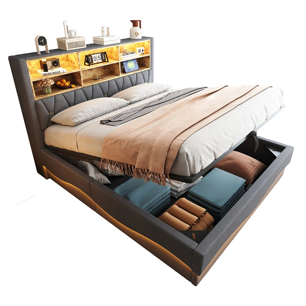 Letto-Xylo-180x200 cm-LED app, USB, metallo, lino grigio