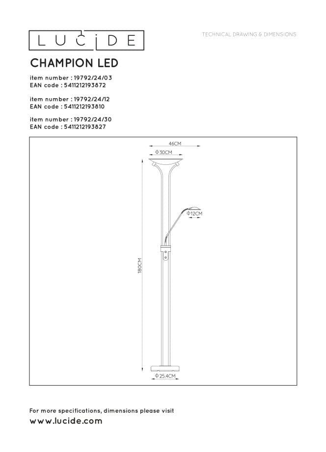 Lampada da terra Lucide Champion LED 20W 3000K ottone