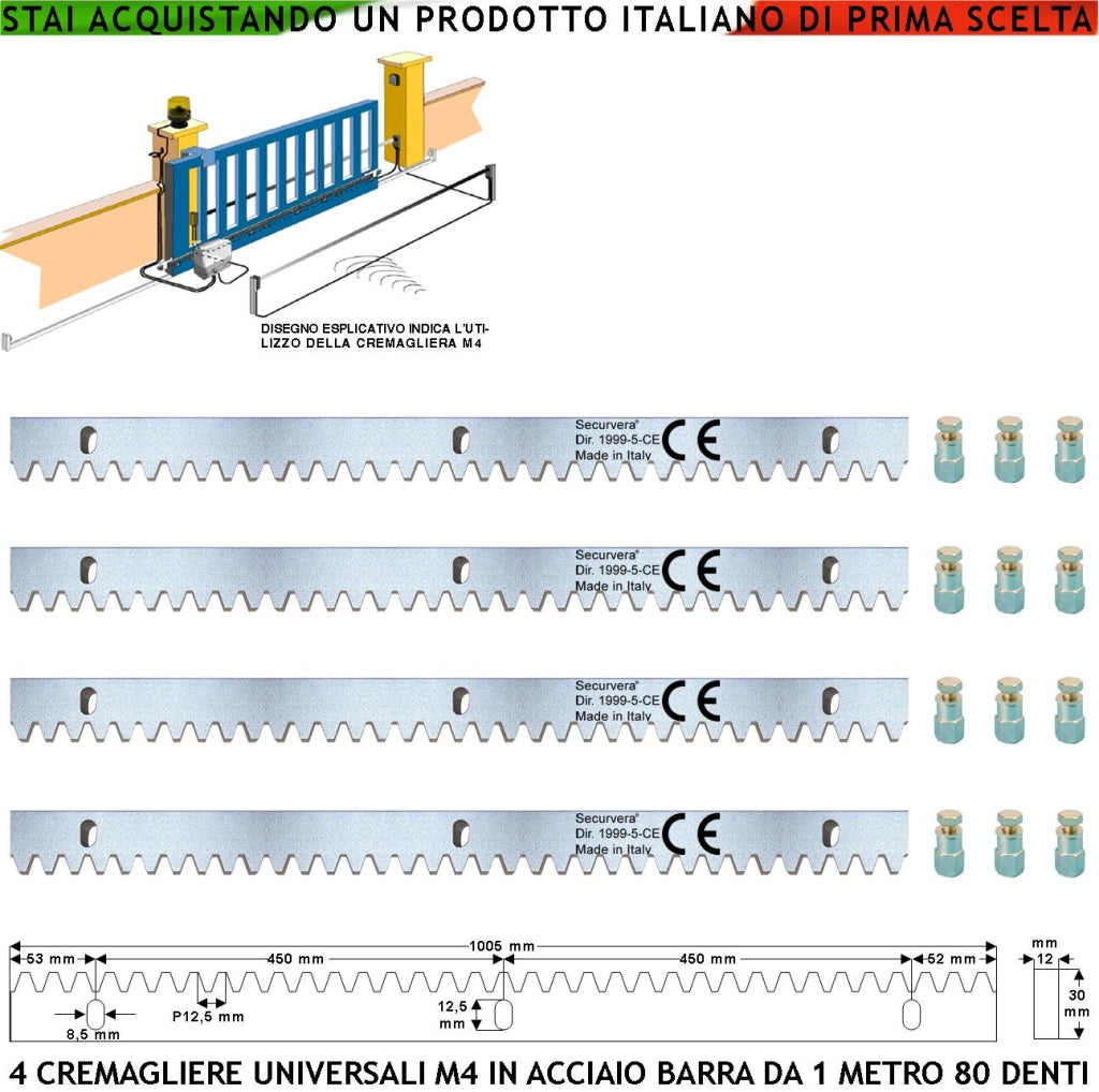 Aste Cremagliera Universale M4 Quattro Barre da 1 MT Con 80 Denti in Acciaio Zincato 12X30 mm Portata 22 Q.li Max 30 Q.li Fissaggio 3 Bulloni Per Metro Ricambio Cancello Scorrevole Giunture Contatto