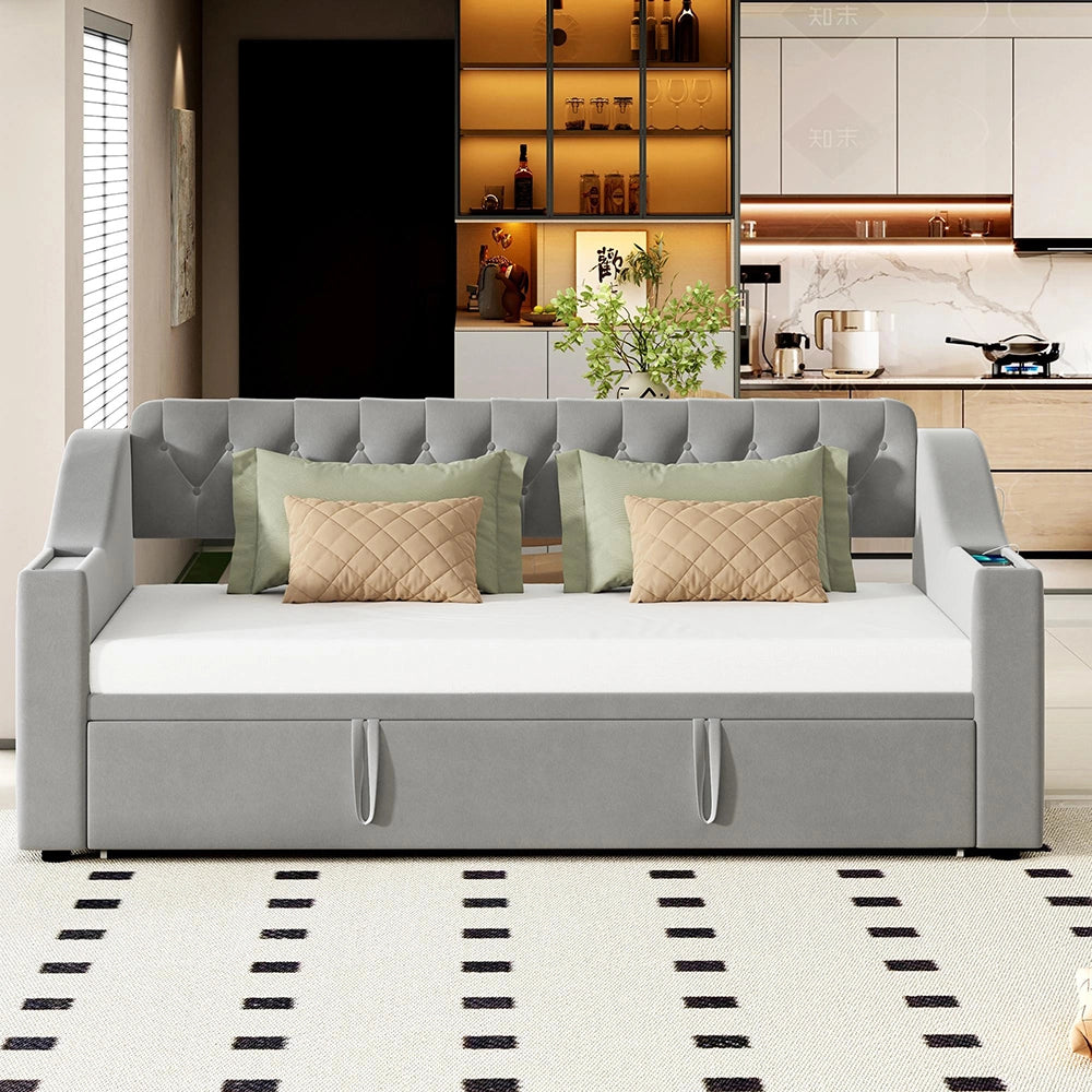 Divano letto - Xylo - 90/180x190 cm braccioli USB velluto grigio