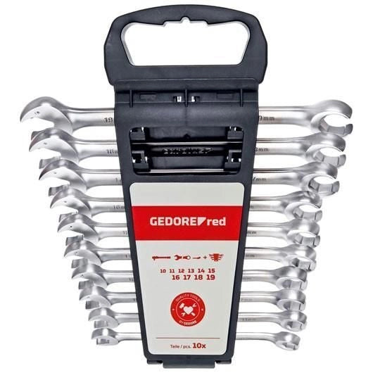 GEDORE RED 3301003 Set di 10 Chiavi Combinata a Cricchetto Aperta 10-19 mm con Angolo 15° e Supporto in Plastica colore Nero