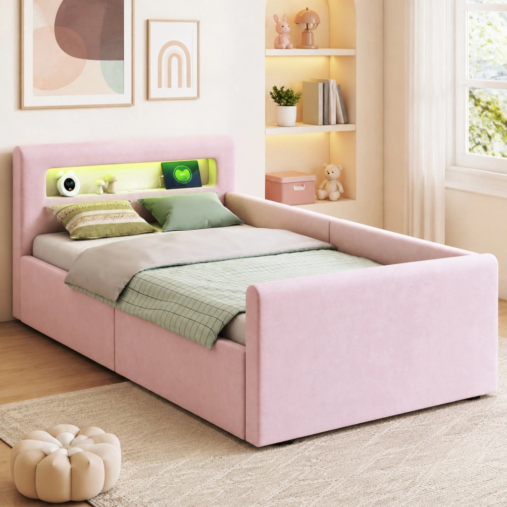 LETTO imbottito bambini 90x200 cm in velluto rosa con LED, USB e contenitore