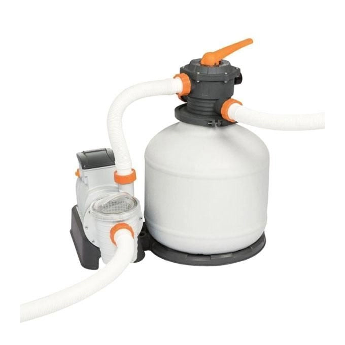 Bestway 58486 Set di filtro per sabbia per piscina fuori terra 11.355 L-h con timer valvola a 6 vie 36 kg di sabbia inclusa colore Nero Arancione Bianco