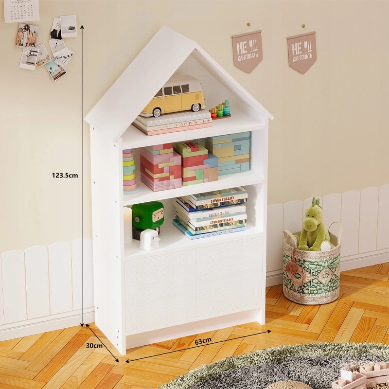 Scaffale a forma di casetta per bambini, ideale per bambole e libri,