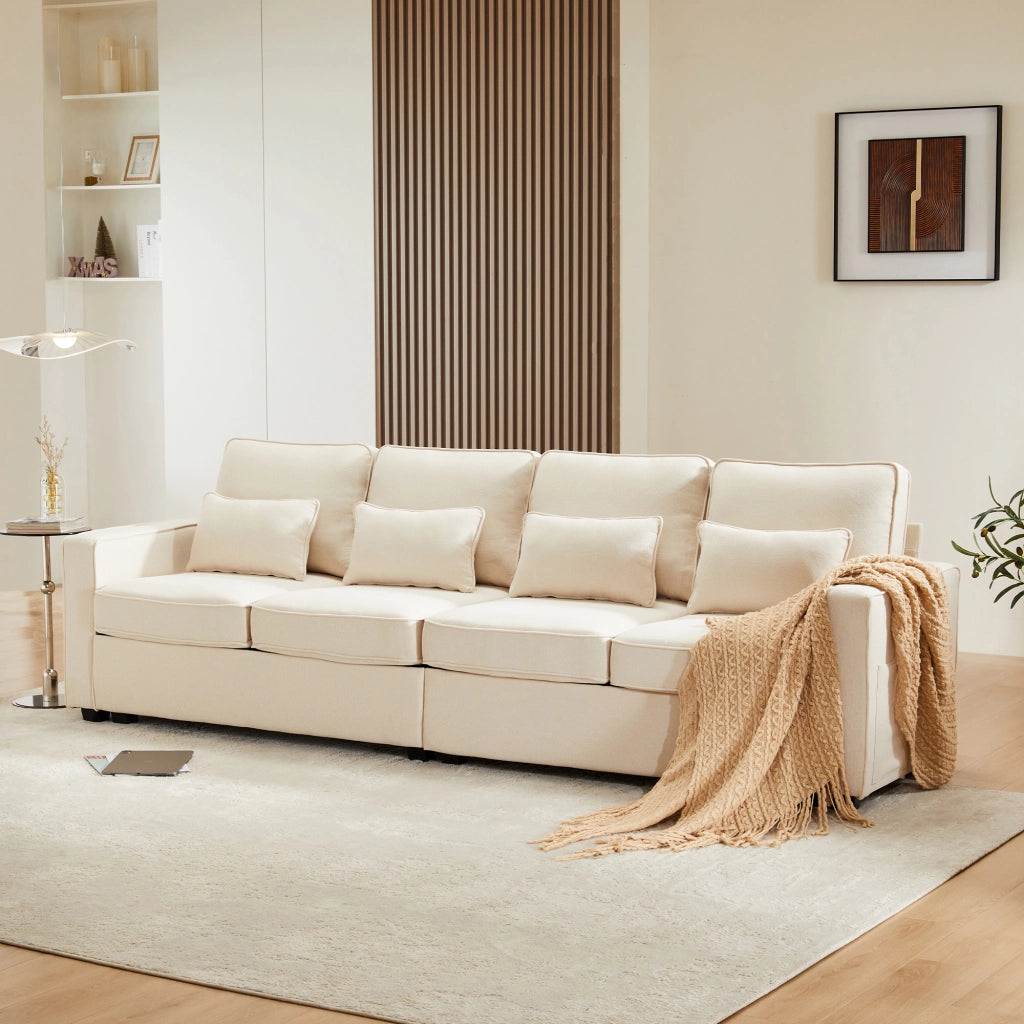 Sofa 4 posti moderno in lino - Zephmum- Con tasche braccioli e 4 cuscini