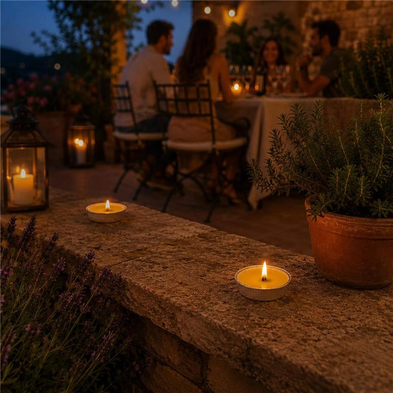 SET 30 FIACCOLE ALLA CITRONELLA IN ALLUMINIO Ø11 CM – STOPPINO ANTIVENTO, DURATA 4 ORE