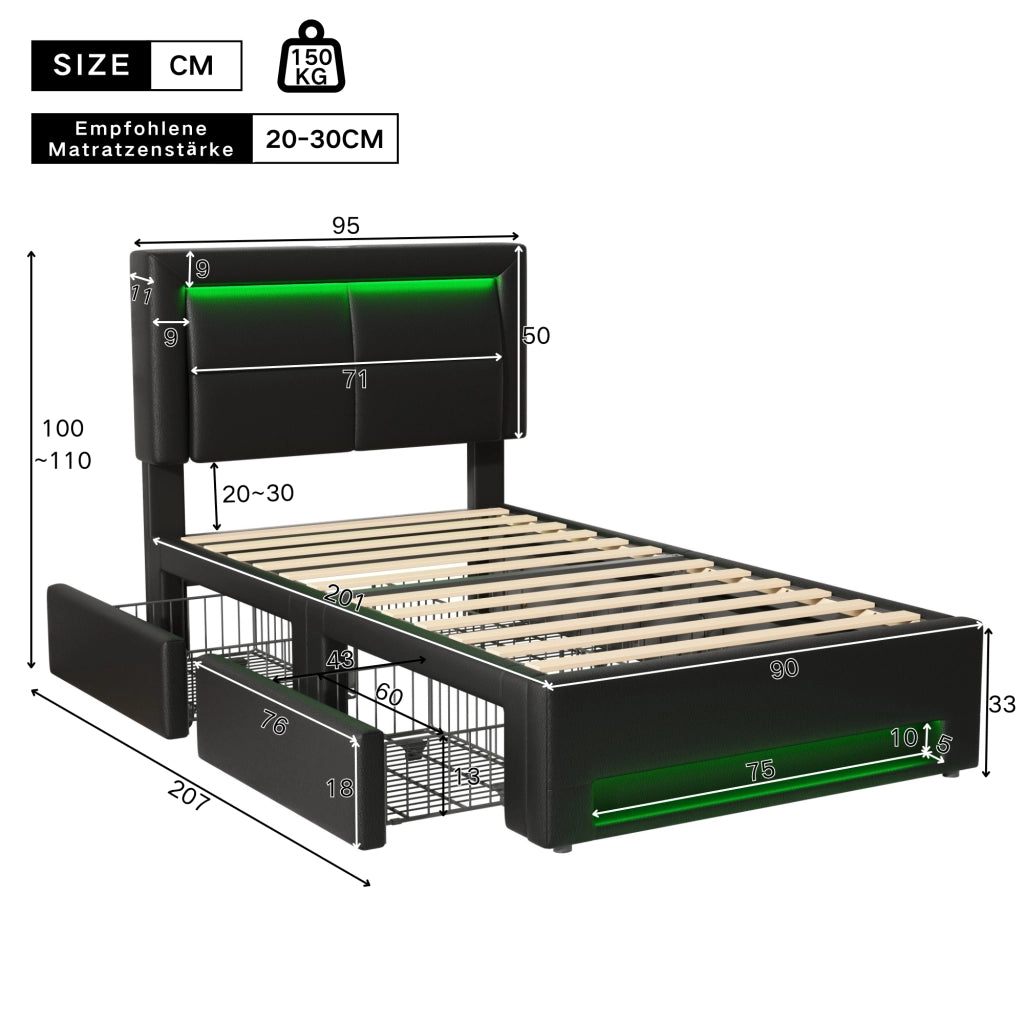 LETTO imbottito 90x200 cm nero in PU con USB, LED e 4 cassetti