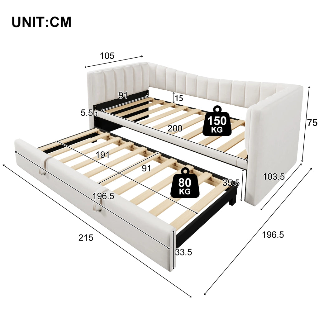 LETTO con letto estraibile 90x200 cm in velluto bianco