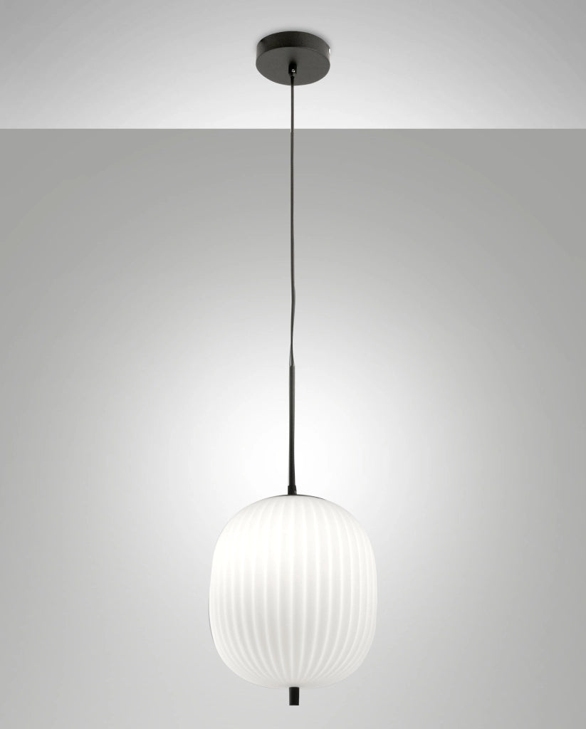 Domizia Lampada a Sospensione in Metallo e Vetro Soffiato Colore Nero, Attacco E27 40W, Design Elegante per Illuminazione Interni Moderni