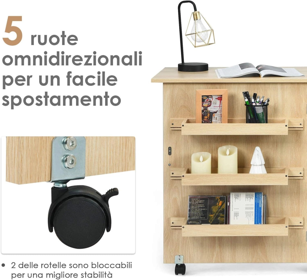 Mobile per Macchina da Cucire Pieghevole, Tavolo da Cucito con Ruote Bloccabili e Ripiani Portaoggetti, Tavolo per Macchina da Cucire Multiuso da Studio e Salotto (Legno Chiaro)