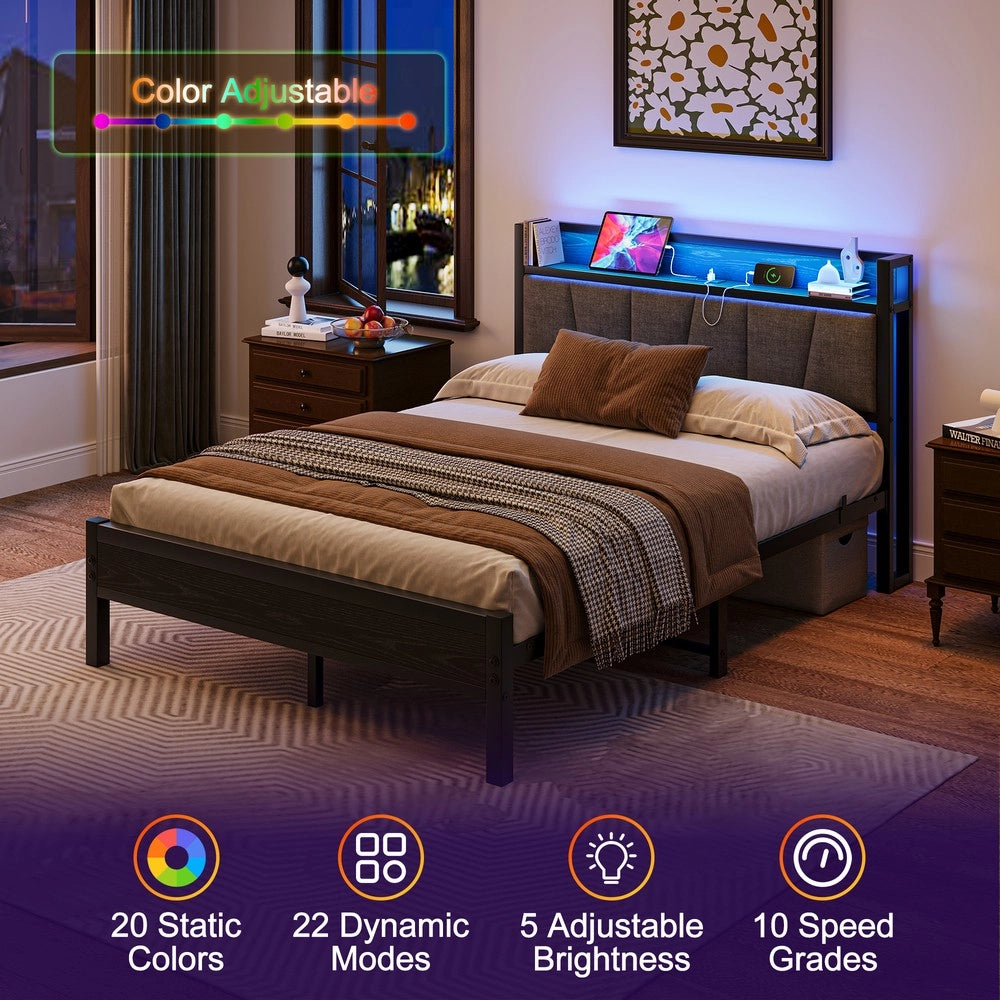 Letto Matrimoniale con LED e USB ¨C MINIMAL ¨C Metallo 140x190