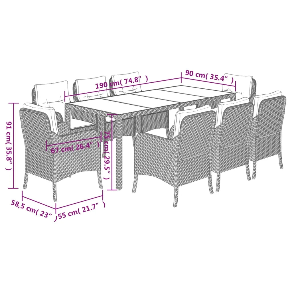 Set da Pranzo da Giardino 9 pz con Cuscini in Polyrattan Grigio