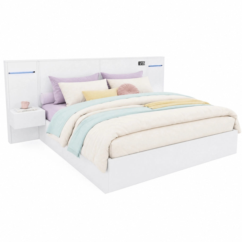 Letto matrimoniale 180x200 cm in MDF bianco con USB, Bluetooth, orologio digitale e luci LED