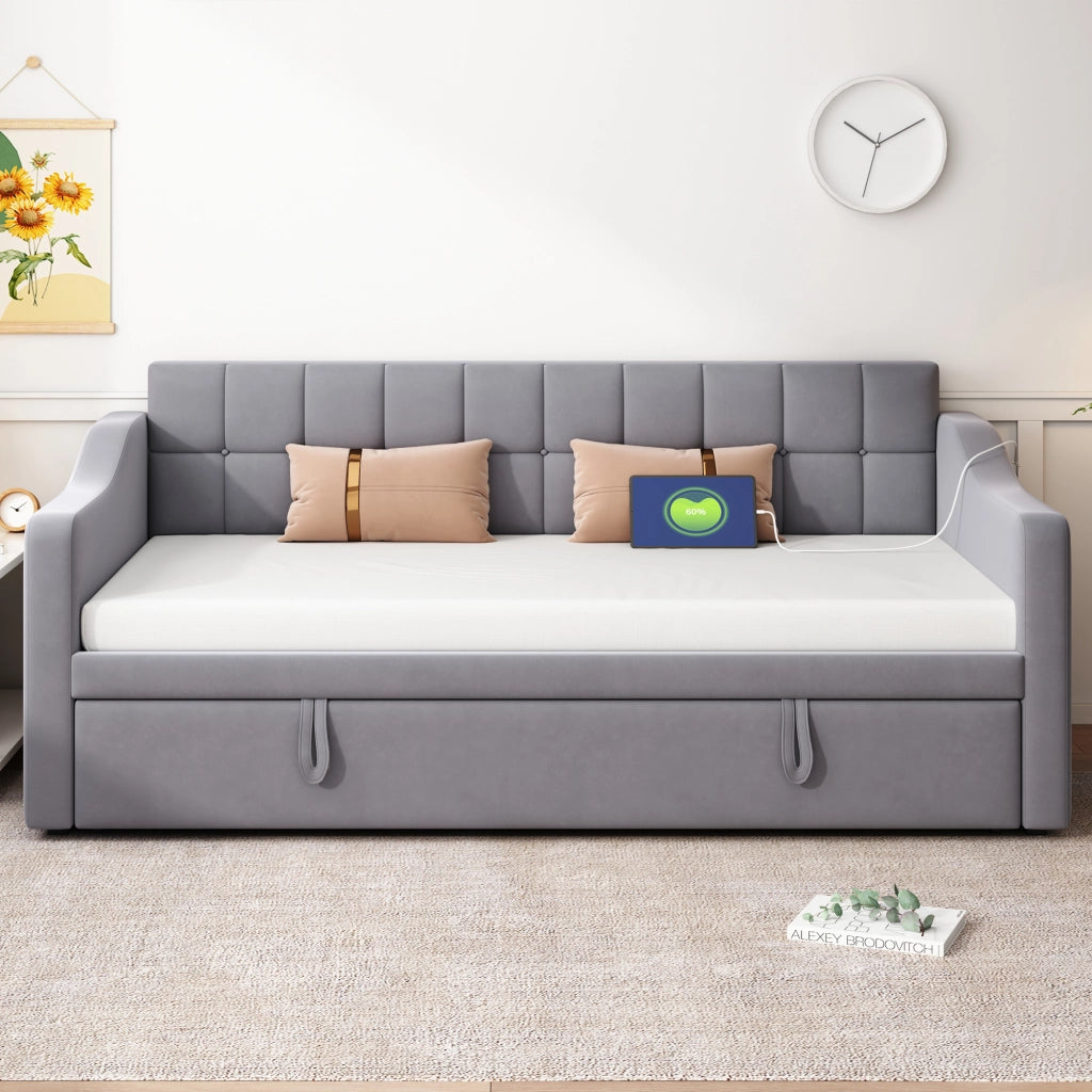 LETTO Estraibile 90x190 cm in Velluto Grigio con porte USB