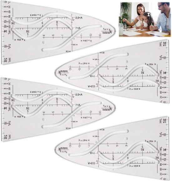 Serie di stencil matematici 4 pezzi - Parabolico/Cosinico/Tangente - Materiale plastico flessibile - Dimensionalmente stabile - Preciso e affidabile - Strumenti di disegno
