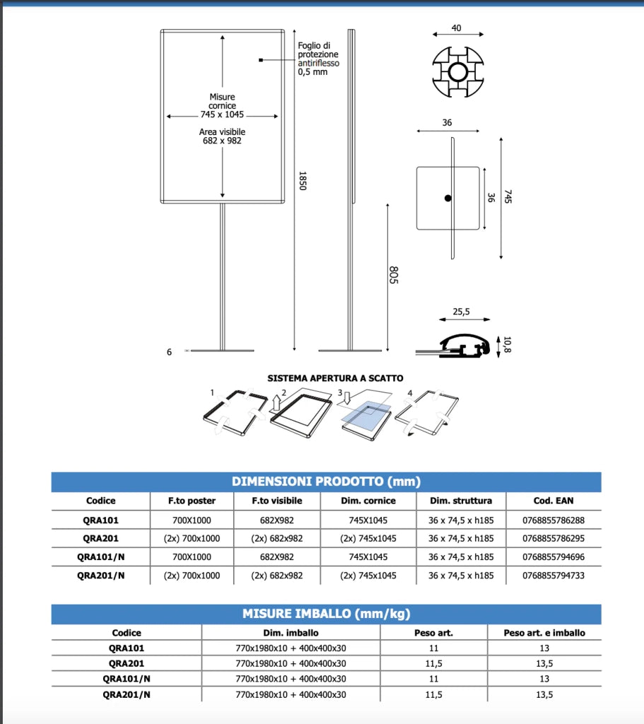 Porta Comunicazioni con cornice 70 x 100 linea Q System NERO - Bifacciale