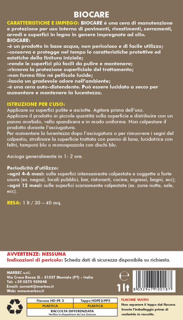 Cera per legno oliato BIOCARE   1LT