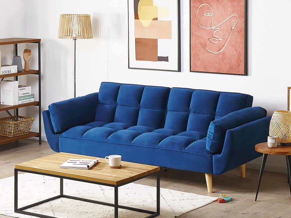 Divano Letto Tessuto Velluto Blu Navy Gambe In Legno A 3 Posti Imbottitura In Schiuma Imbottitura Biscuit Schienale Diviso