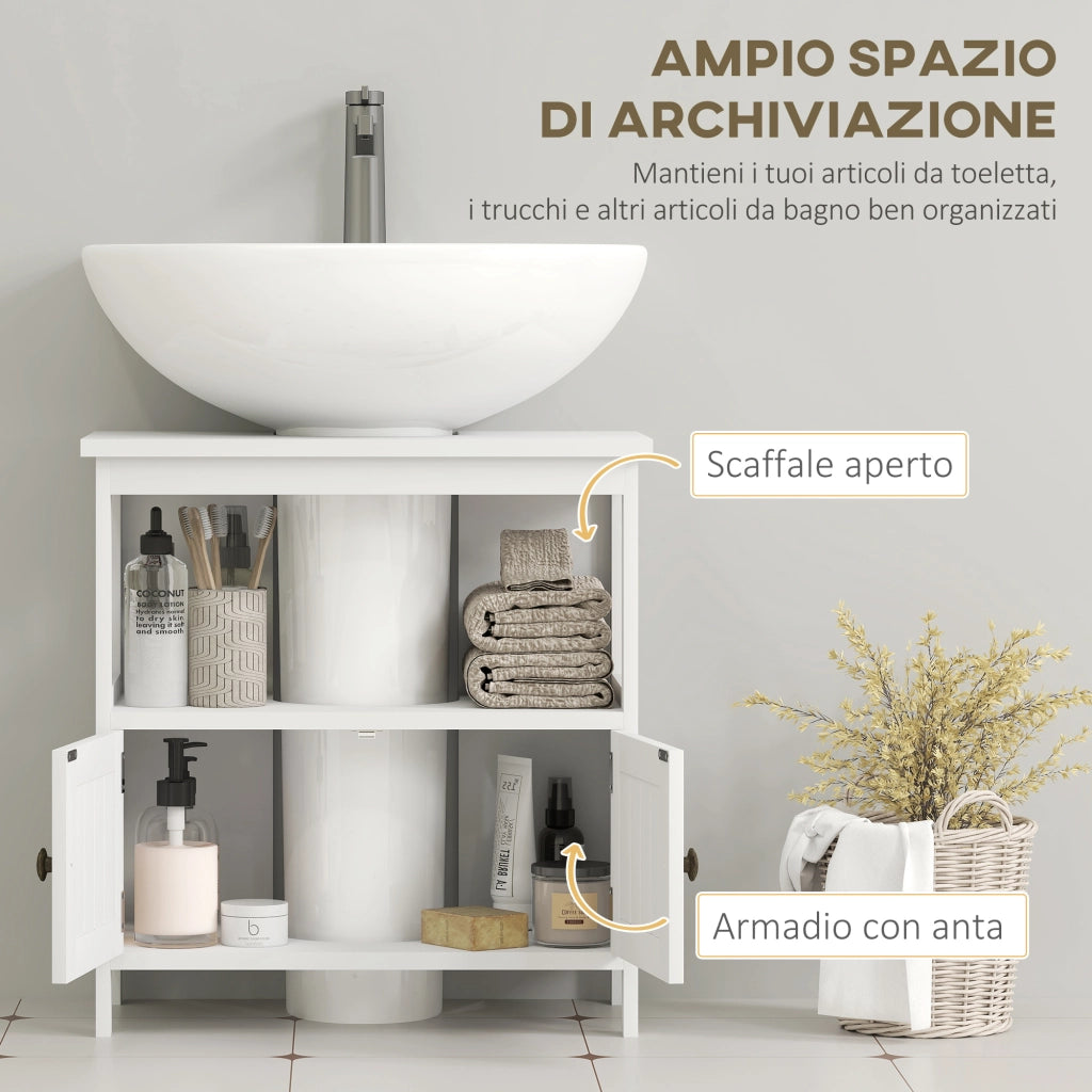 Mobile Sottolavabo con Ripiano e Armadietto, Intaglio e U e 2 Ante, 60x30x60 cm, Bianco