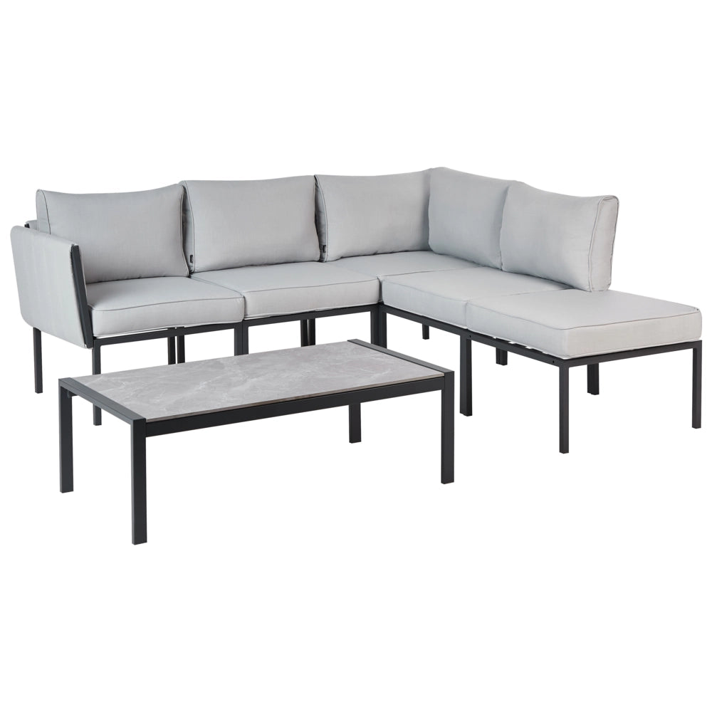 Set da giardino 5 posti con divano 2 poltrone grigio chiaro in acciaio con Cuscini