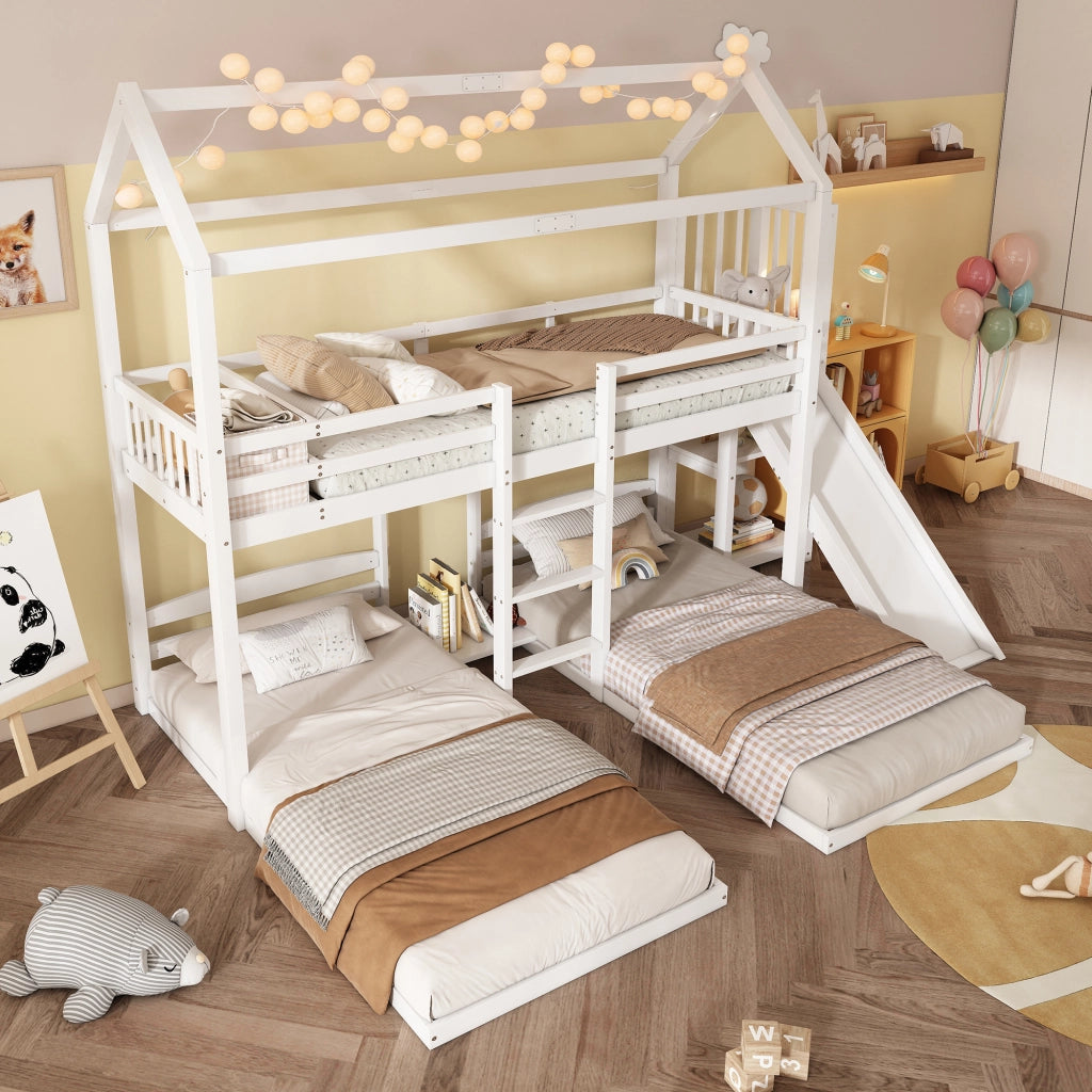 LETTO A CASTELLO CON SCIVOLO E SCALA 90x200 cm BIANCO 3 POSTI