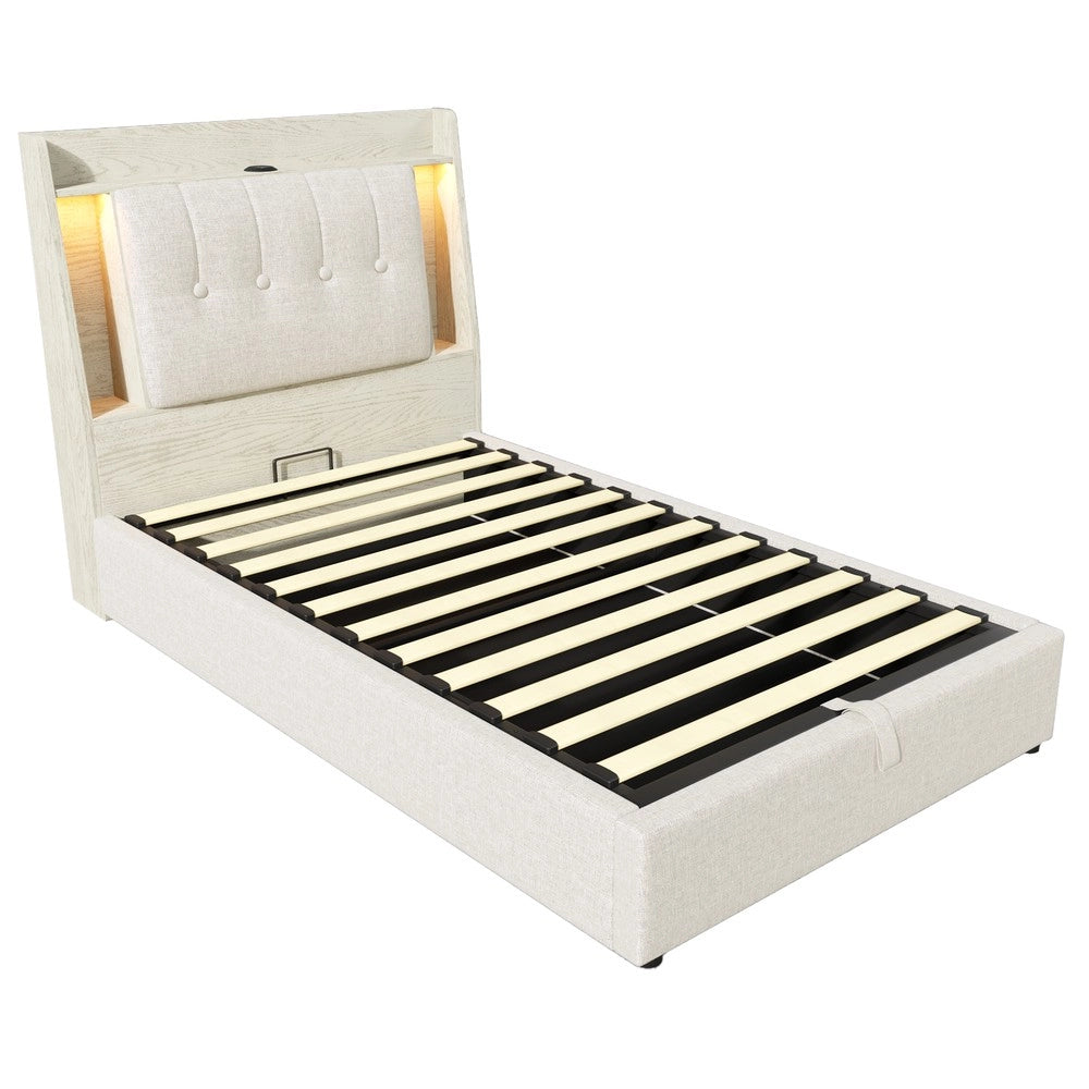 Letto Imbottito con LED e Contenitore ¨C MINIMAL ¨C Lino Beige 90x200