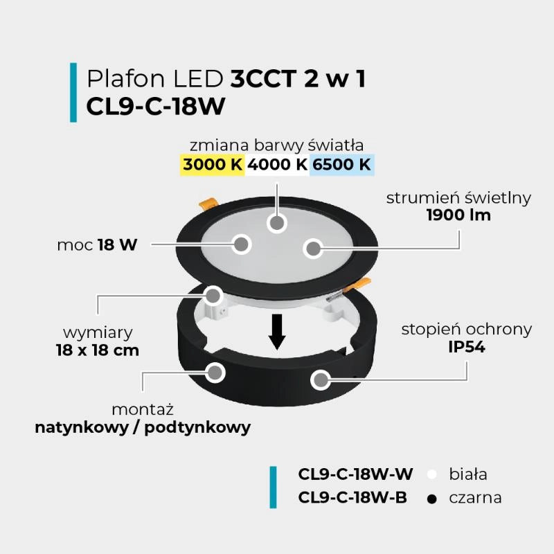 Plafoniera LED 18W 2in1 tonda nera IP54 DPM 3000-6000K