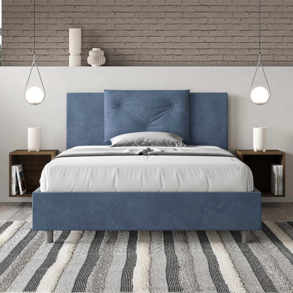 BS COM Letto una piazza e mezza con rete imbottito 130x210 microfibra blu