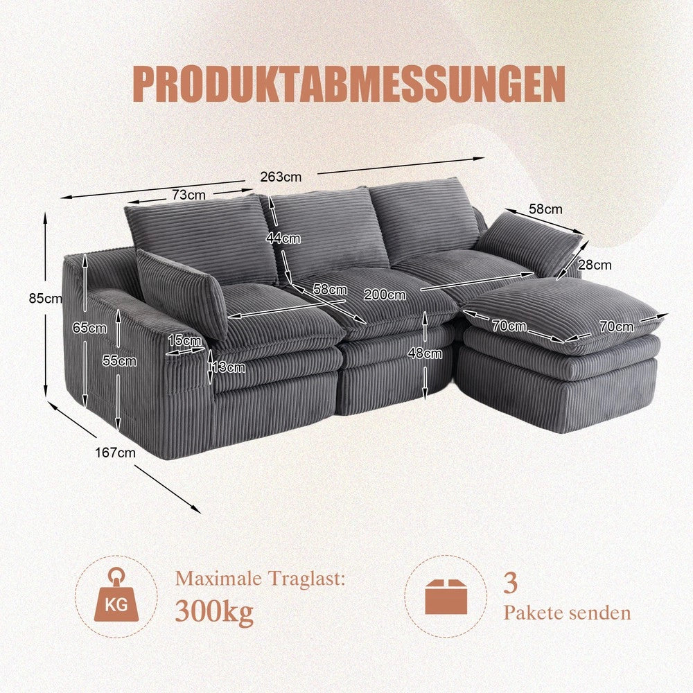 Divano modulare a 3 posti con pouf - Zephmum- Schiuma a 3 strati e nucleo a molle, grigio scuro