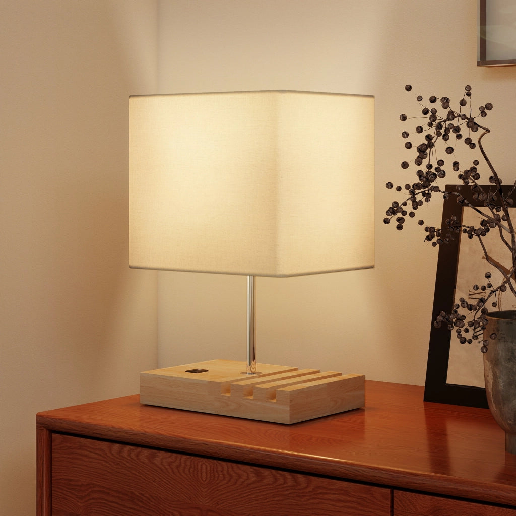 Comodino con Lampada e USB ¨C Minimal ¨C Legno Bianco 40x40x50