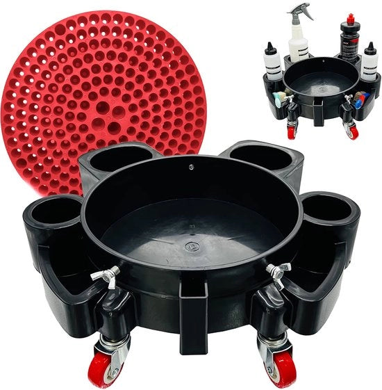 Verrijdbaar onderstel con zwenkwielen e freno, guanto da lavaggio e sacchetto di spazzatura per emme 20L, kit di dettaglio per auto, pulizia e manutenzione (senza emme), sacchetto di spazzatura rosso
