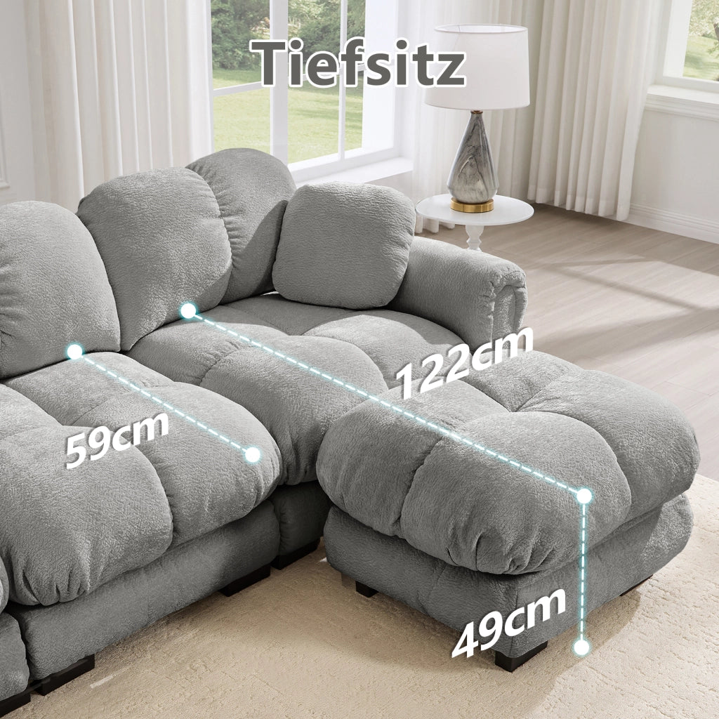 Divano panoramico a U 3 posti con pouf mobile e 2 cuscini, Chenille, Grigio chiaro