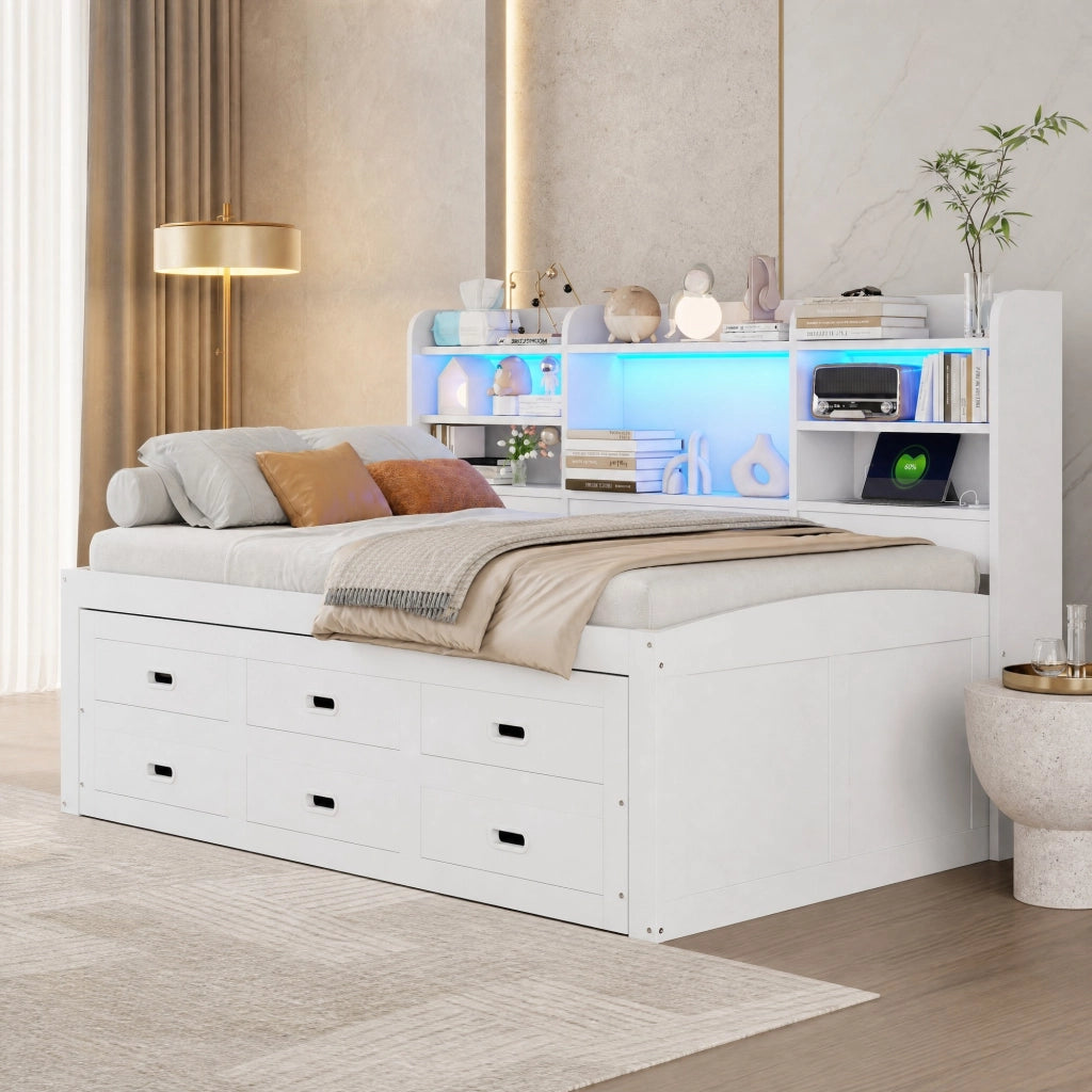 LETTO Estraibile 90x200 cm con LED, 3 Cassetti, Bianco