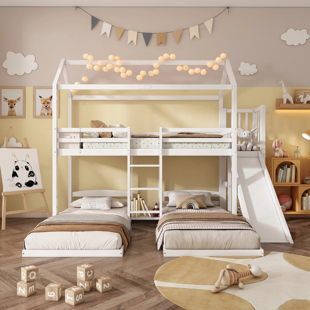 LETTO A CASTELLO CON SCIVOLO E SCALA 90x200 cm BIANCO 3 POSTI