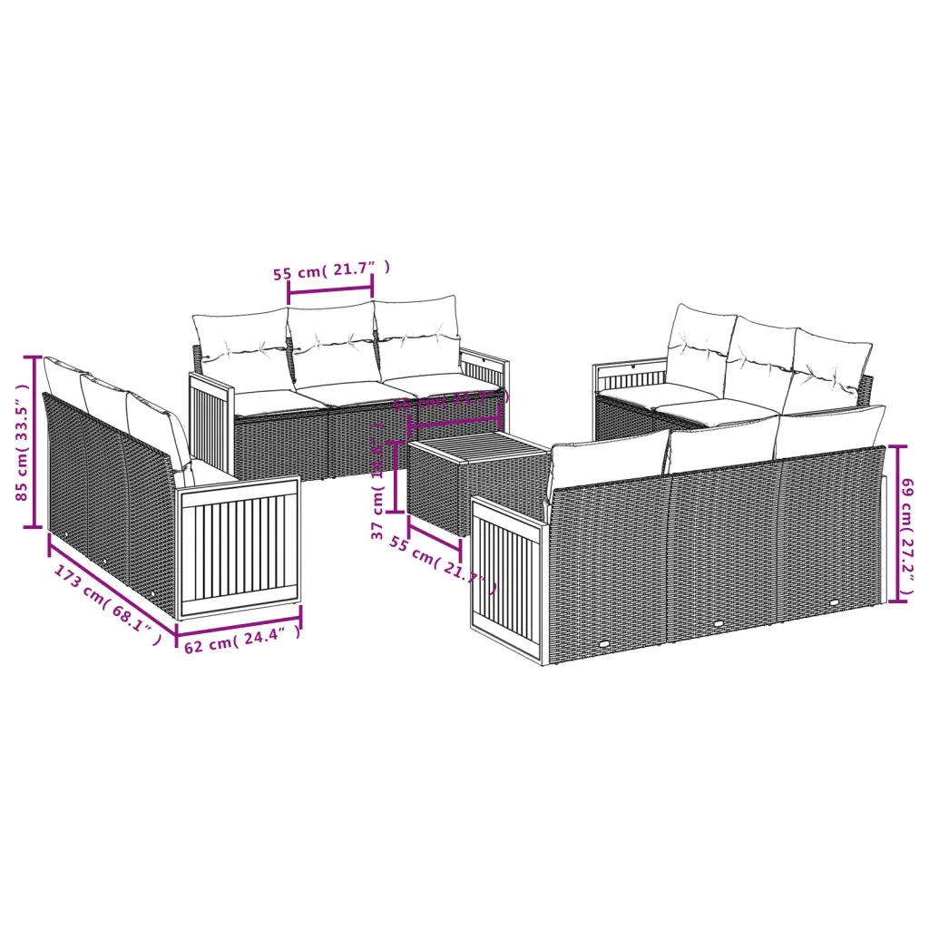 Set Divani da Giardino 13 pz con Cuscini Grigio in Polyrattan 3227523