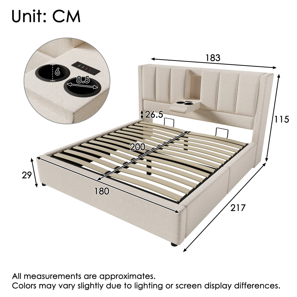 LETTO Contenitore 180x200 cm Beige in Lino con USB e portabicchieri