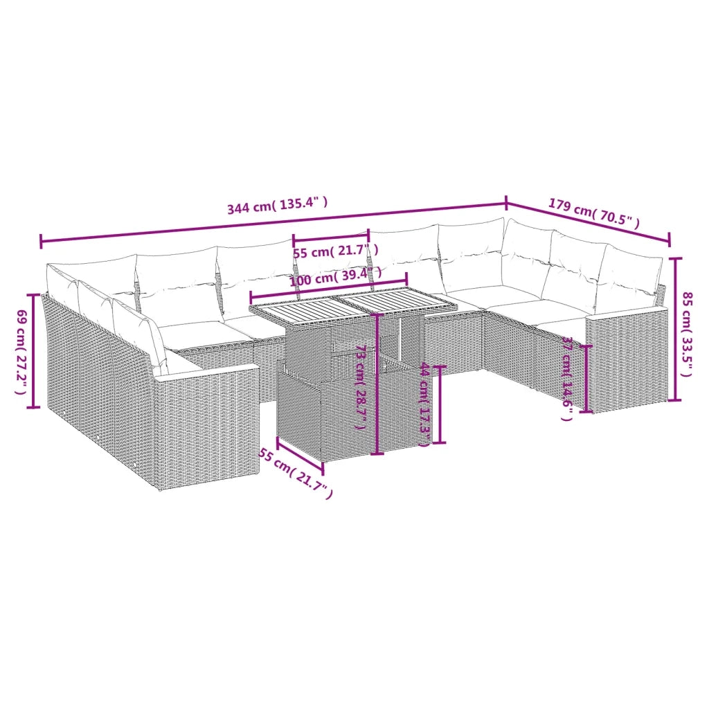 Set Divani da Giardino 11 pz con Cuscini in Polyrattan Grigio