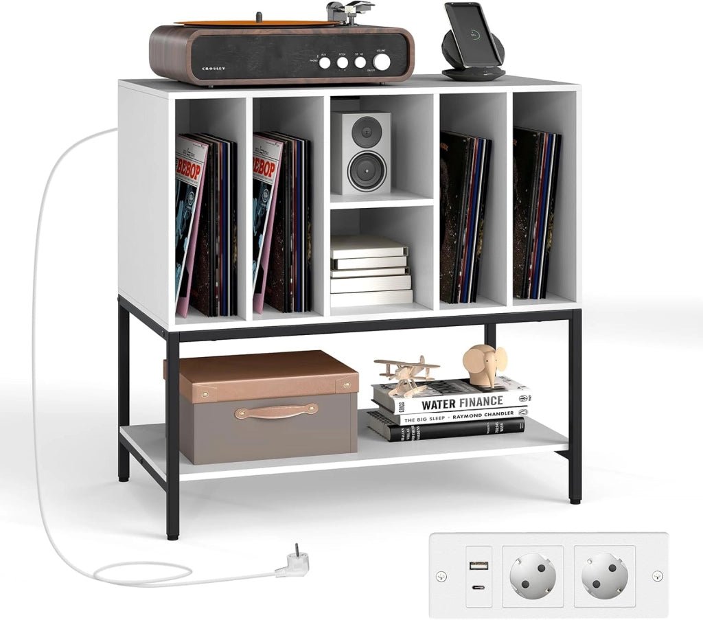 Supporto per Giradischi con Stazione di Ricarica, Credenza per Giradischi con Spazio per Album, Tavolino Porta-Vinili con Scaffali per CD per Soggiorno e Sala Musica (Bianco)