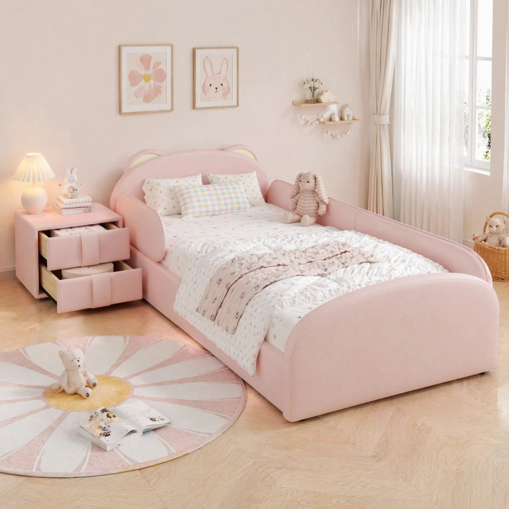 LETTO imbottito a forma di orso 90x200 cm rosa con comodino