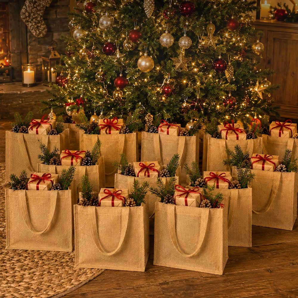 Set da 12 Borse Shopper in Juta Naturale Beige riutilizzabili cm 34 x 15 x h 28
